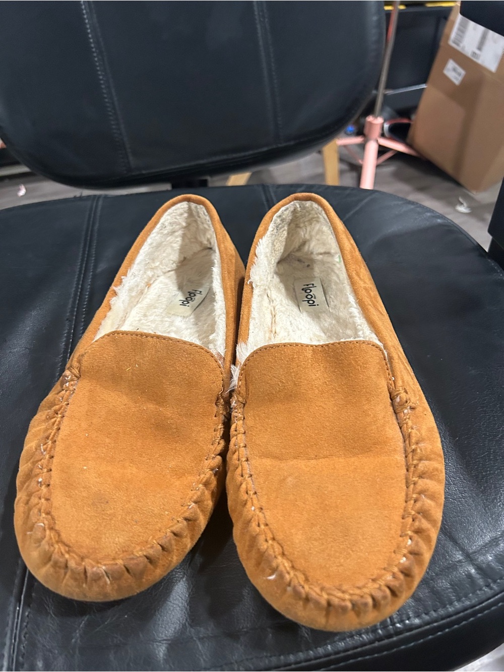Plush-Lined Casual Moccasin Slippers in Camel Tan